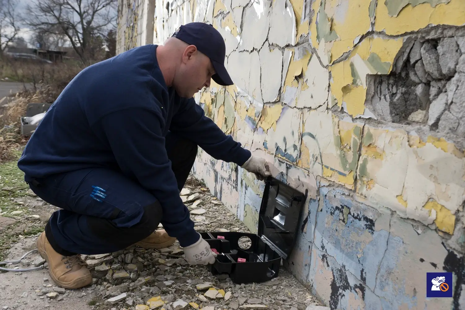 Rágcsálóirtó szakember biztonságos patkányetető ládát helyez ki patkányirtás céljából épület falánál