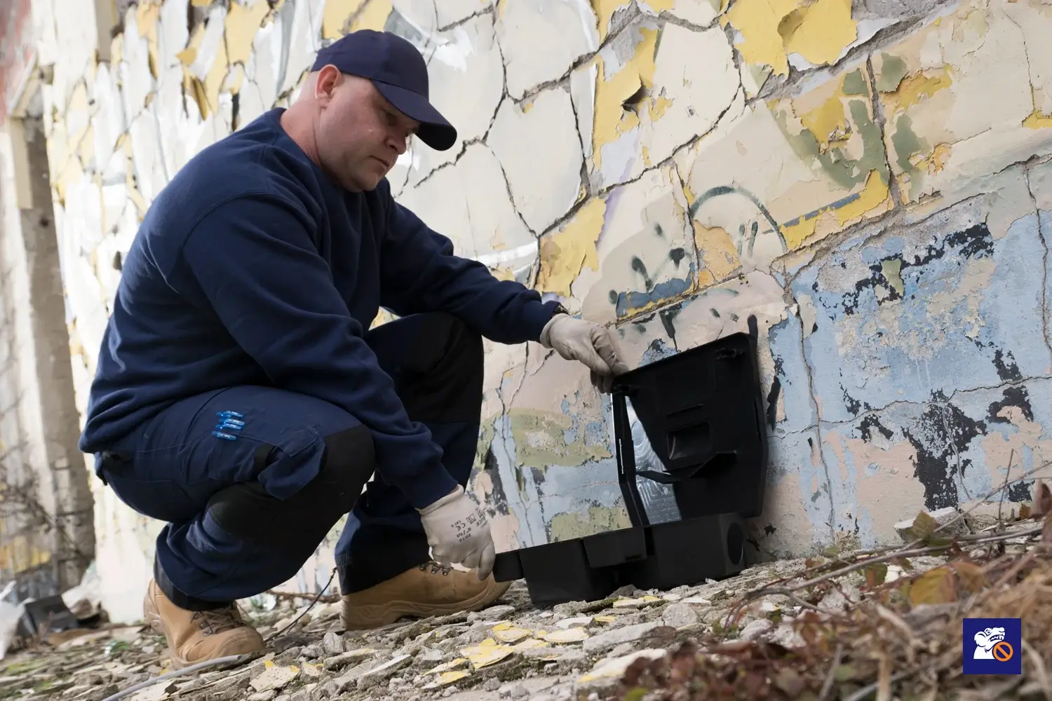 Szakember professzionális patkányirtást végez kültéri területen, biztonságos etetőállomás kihelyezésével.