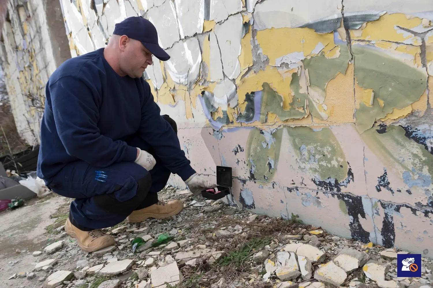 Rágcsálóirtó szakember egéretető dobozt helyez ki kültéri területen, épület falánál