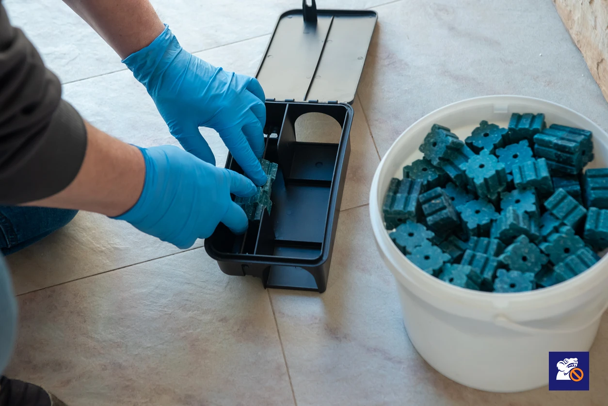 Rágcsálóirtó szakember védőkesztyűben mérgezett csalétket helyez el zárható patkányládában